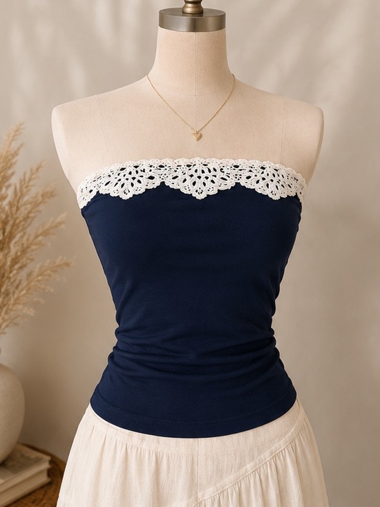 Banana Republic Tops - Banana Republic Navy Strapless Tube Top XS White Crochet Trim Stretch Knit Y2K